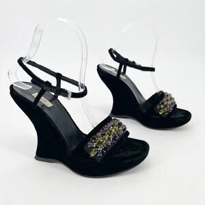 Vintage Prada Black Velvet Jeweled Embellished Platform Wedge Heel Sandals IT 37